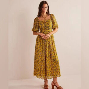Boden size 10R Halterneck Maxi Dress Mustardseed Floral Smocked Metallic Wedding